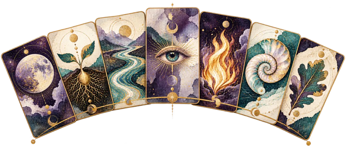 A fan of seven unique oracle cards in the Oracle Arc Studio colours